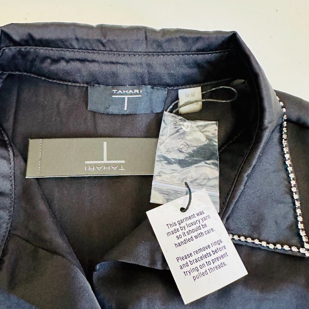 TAHARI BLACK SATIN LONGSLEEVE BUTTON DOWN SHIRT BLOUSE WITH RHINESTONE COLLAR - Picture 6 of 8